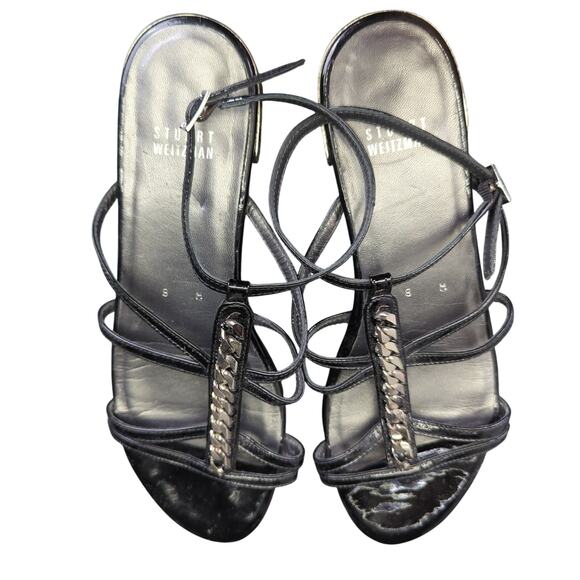 Stuart Weitzman Gladiator Strap Sandals Black Leather Silver Chain Women's 8 - Picture 4 of 7